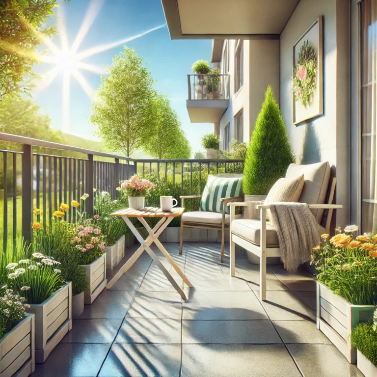 DALL·E 2025 02 19 10.42.35 A clean and inviting balcony in springtime featuring fresh green plants cozy outdoor furniture and a bright sunny atmosphere. The balcony floor is